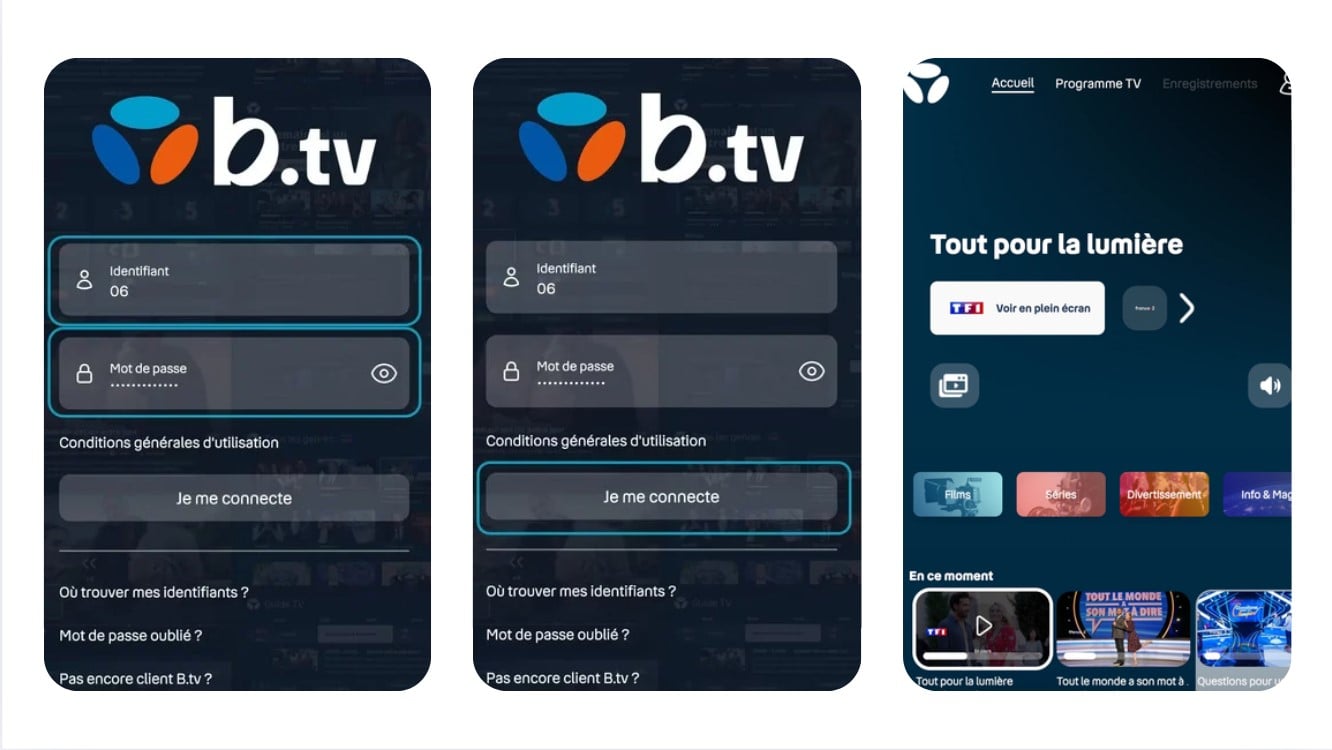 étapes connexion B.TV