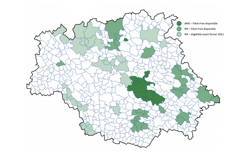 La carte des zones Gers Numérique couverte par la Freebox Fibre