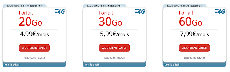 Capture d'écran des offres Auchan Telecom avec 20Go à 4,99€/mois, 30Go à 5,99€/mois et 60Go à 7,99€/mois