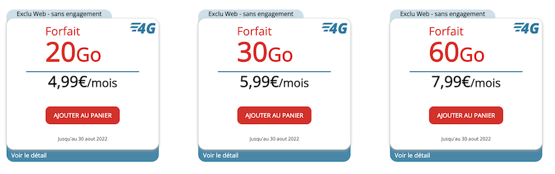 Capture d'écran des offres Auchan Telecom avec 20Go à 4,99€/mois, 30Go à 5,99€/mois et 60Go à 7,99€/mois