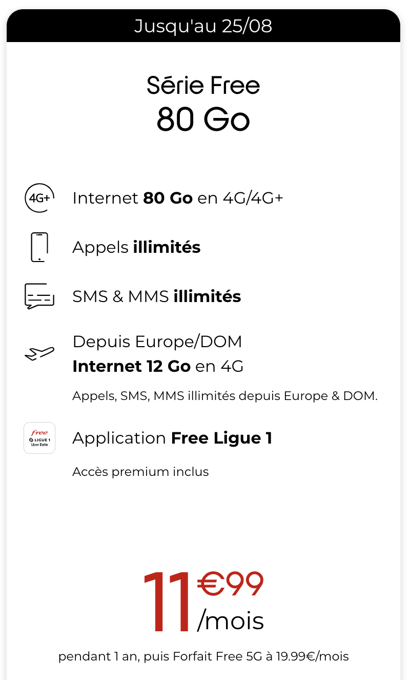 Série Limitée Free Mobile 80Go à 11,99€/mois pendant 12 mois