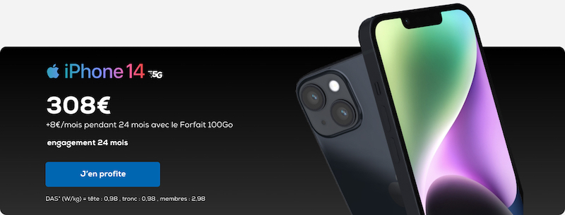 Apple iPhone 14 à 308€ + 24 mensualités de 8€ avec un forfait+mobile 100Go à 39,99€/mois
