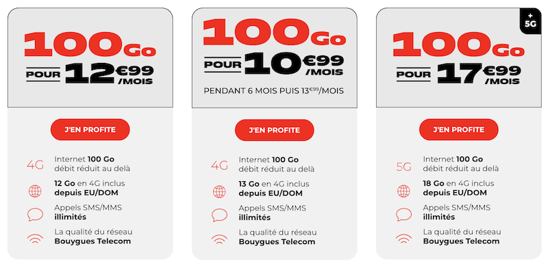 Forfaits en séries spéciales 100Go 4G à 12,99€/mois, 100Go 5Go à 17,99€/mois et 150Go 4G à 10,99€/mois pendant 6 mois