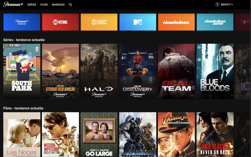 le site de Paramount Plus avec les séries et films en tendance