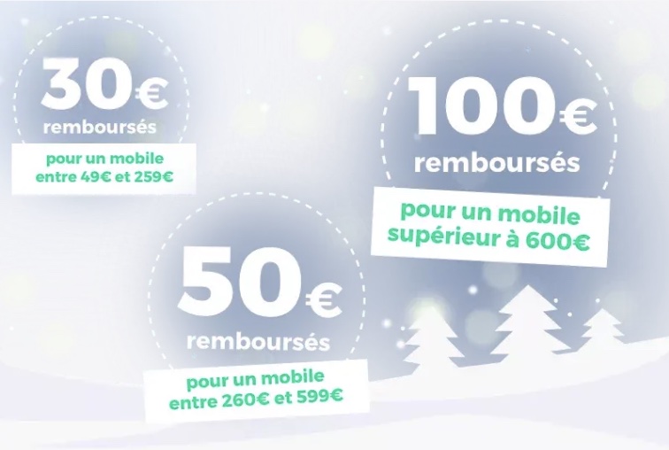 RED Days Noël 2022 : 30€ pour les mobiles entre 49 et 259€, 50€ pour les mobiles entre 260 et 599€ ou 100€ pour les mobiles au-delà de 600€, en remboursement après achat