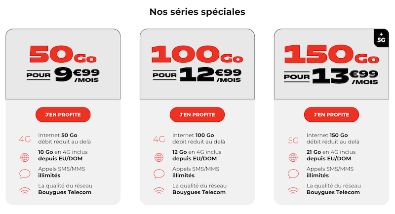 Les séries spéciales NRJ Mobile avec 50Go à 9,99€/mois, 100Go 4G à 12,99€/mois et 150Go 5G à 13,99€/mois