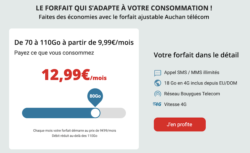 Page du Forfait Ajustable Auchan Telecom, de 70Go 9,99€/mois à 110Go 15,99€/mois. Le curseur est placé sur 80Go à 12,99€/mois