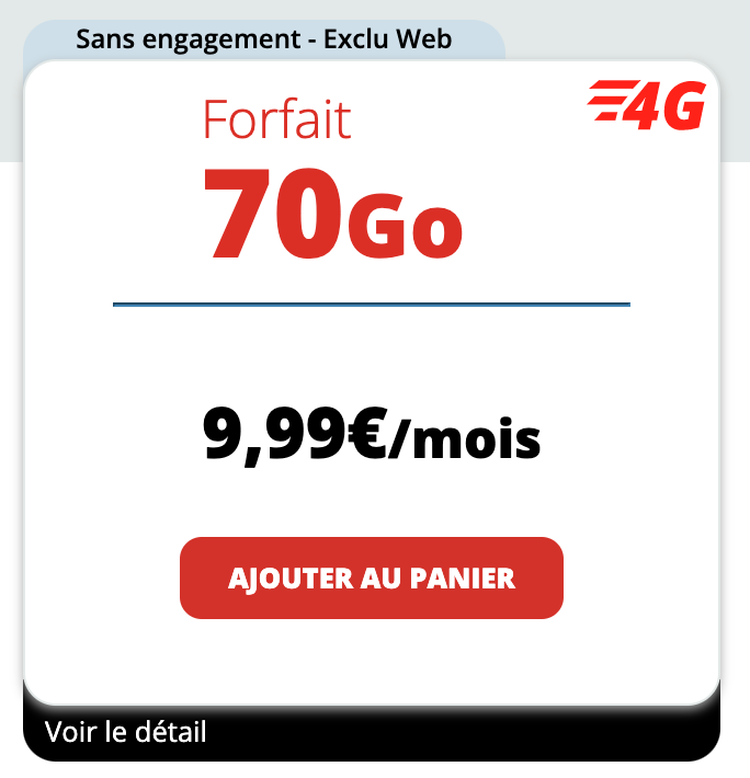 Page du Forfait Auchan Telecom 70Go à 12,99€/mois