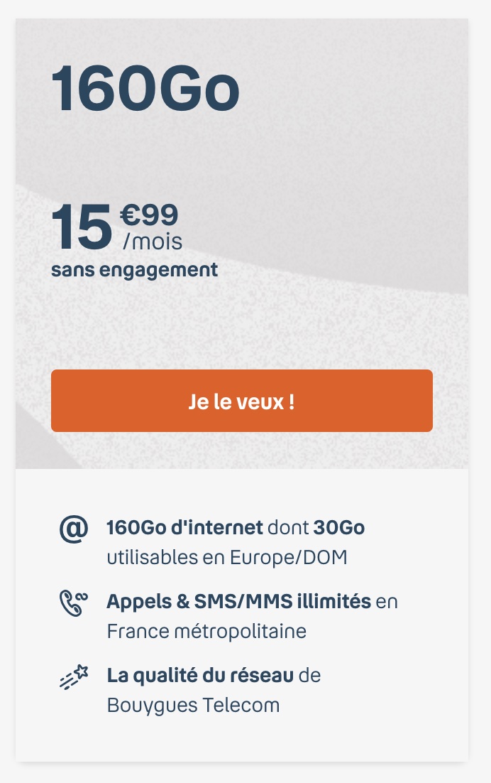 Forfait mobile sans engagement Appels, SMS/MMS illimités + 160Go à