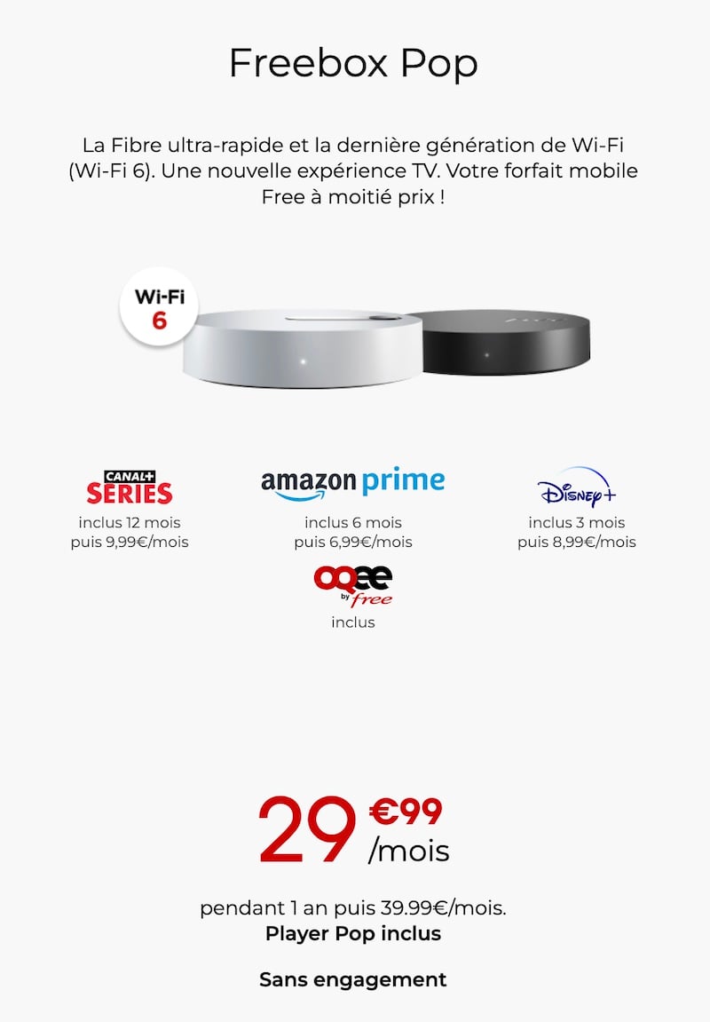 Forfait Freebox Pop à partir de 29,99€/mois