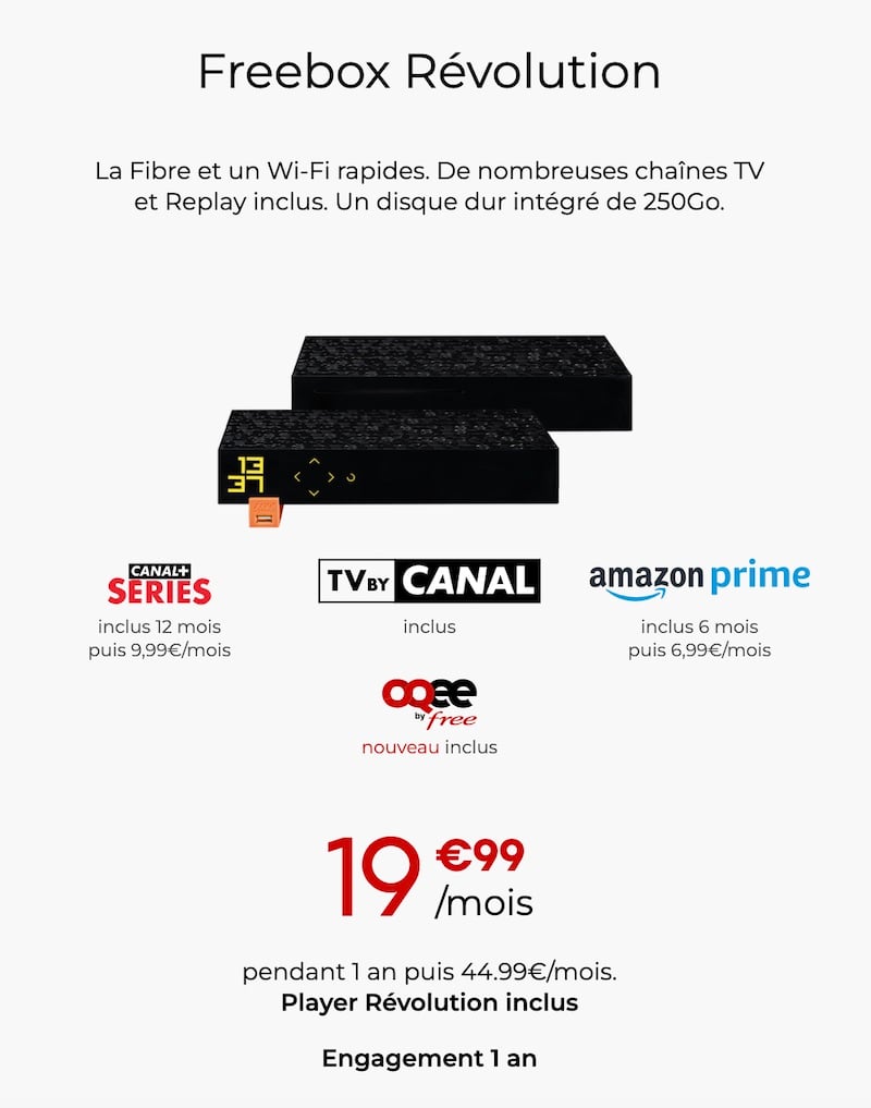 Offre Freebox Révolution avec TV by Canal, Canal+ Séries offert pendant 1 an et Amazon Prime offert pendant 6 mois