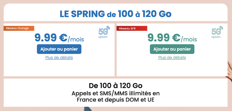 Forfait Le Spring, de 100 à 120Go, de 9,99 à 14,99€/mois