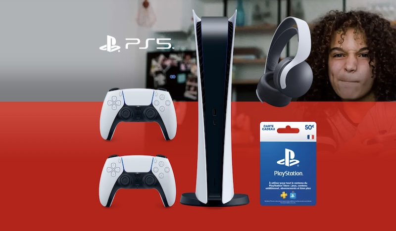 Le Pack Playstation 5 (Digitale et Standard) avec 2 manettes DualSense, 1 casque-micro Pulse 3D et 1 carte cadeau Playstation Store 50€