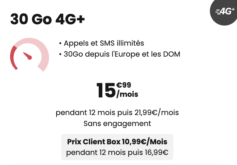 Forfait 30Go 4G+ en série limitée à 15,99€/mois pendant 1 an puis 21,99€/mois