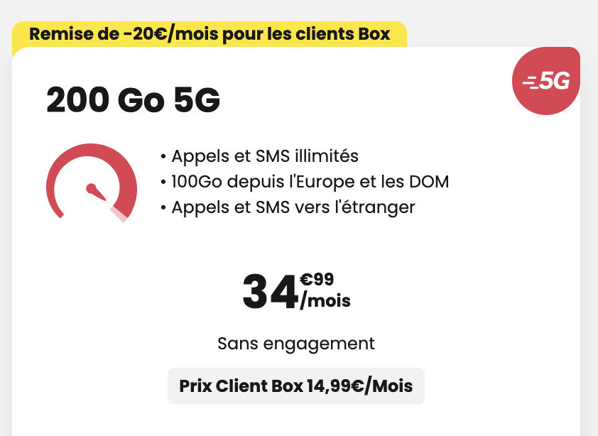 Forfait SFR 200Go 5G à 34,99€/mois (14,99€/mois en MultiPack)