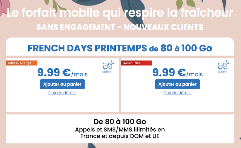 Le forfait ajustable French Days Printemps à partir de 80Go pour 9,99€/mois