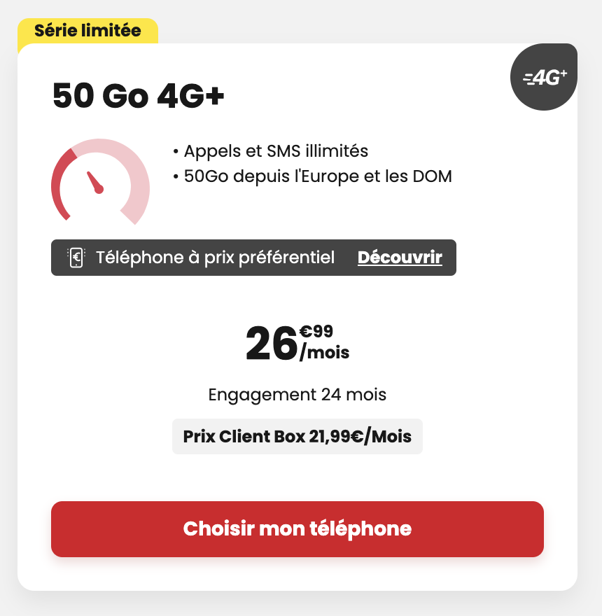 Forfait SFR 50Go 4G à 26,99€/mois (21,99€/mois en MultiPack)