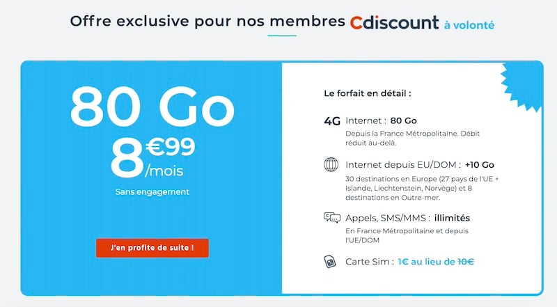 Le forfait CDiscount à Volontée 80Go à 8,99€/mois