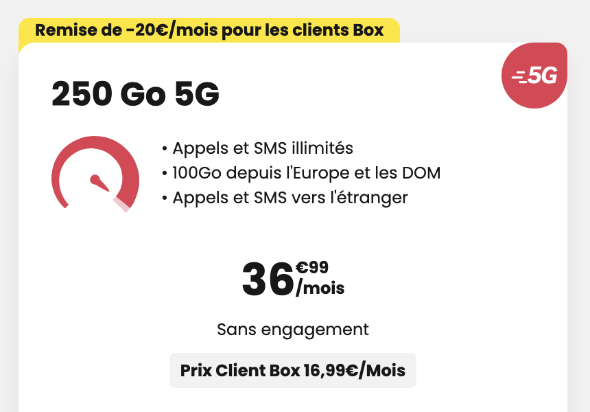 Forfait SFR 250Go 5G à 36,99€/mois (16,99€/mois en MultiPack)