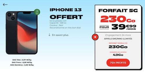 iPhone 13 reconditionné offert avec un forfait NRJ Mobile Ultimate 230Go 5G