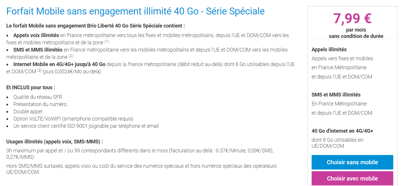 Forfait Brio Liberté 40Go de Coriolis à 7,99€/mois