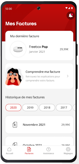 Capture d'écran de l'application Espace Abonné Freebox, onglet Factures