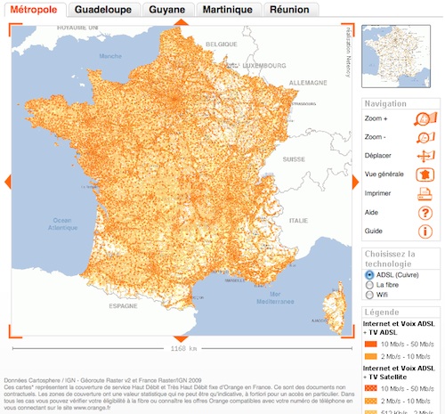 Couverture France en ADSL par
Orange au 07/2010