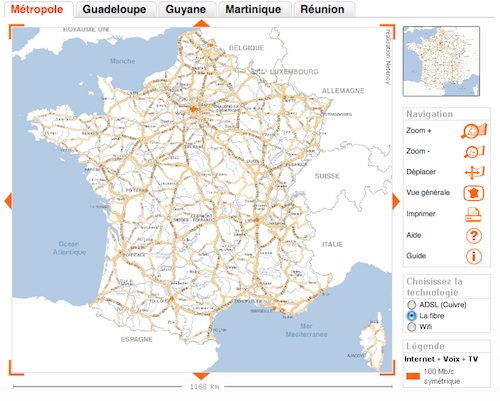 Carte de la couverture en fibre d'Orange en juillet 2010