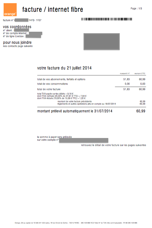 Facture courante Orange Internet