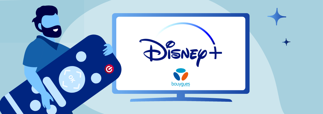 TV disney+ bouygues et homme avec télécommande