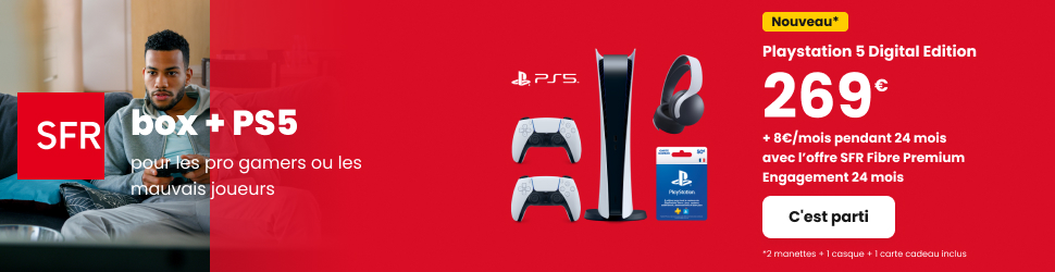 SFR Box 8, une PS5 Digitale, 2 manettes DualSense, 1 casque Pulse 3D et 1 carte cadeau PS Store